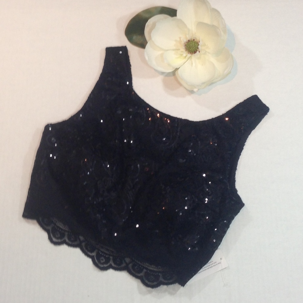Black Sequin Crop Top with Scalloped Lace Bottom